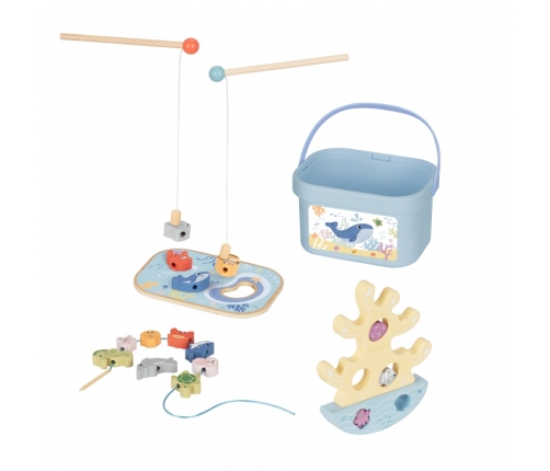 TOOKY TOY Drewniany Zestaw Morskich Zabawek Wieża Balansująca Łowienie Ryb Figurki 23 Elementy