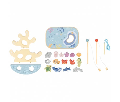 TOOKY TOY Drewniany Zestaw Morskich Zabawek Wieża Balansująca Łowienie Ryb Figurki 23 Elementy