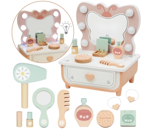 TOOKY TOY Drewniana Toaletka Motyl Akcesoria Lustro z Oświetleniem LED + Kosmetyki