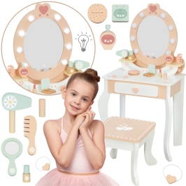 TOOKY TOY Drewniana Toaletka z Krzesełkiem Akcesoria Lustro z Oświetleniem LED + Kosmetyki TOOKY TOY Drewniana Toaletka z Krzesełkiem Akcesoria Lustro z Oświetleniem LED + Kosmetyki