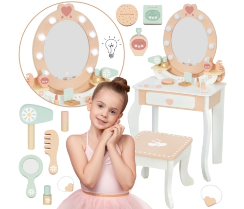 TOOKY TOY Drewniana Toaletka z Krzesełkiem Akcesoria Lustro z Oświetleniem LED + Kosmetyki