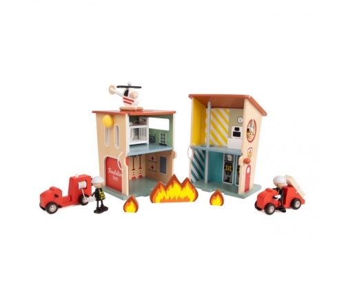 CLASSIC WORLD Remiza Strażacka Drewniana Garaż Auto Helikopter Figurki 13el.