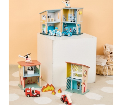 CLASSIC WORLD Posterunek Policji Drewniany Samochód Helikopter FIgurki 12el.