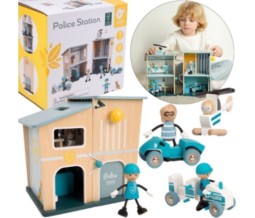 CLASSIC WORLD Posterunek Policji Drewniany Samochód Helikopter FIgurki 12el.