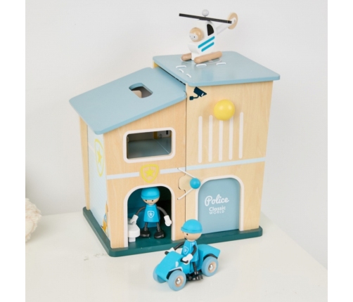 CLASSIC WORLD Posterunek Policji Drewniany Samochód Helikopter FIgurki 12el.