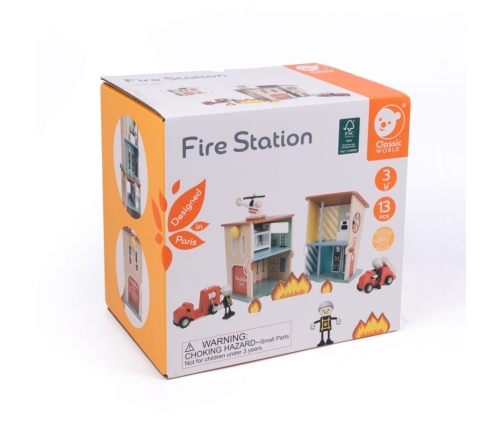CLASSIC WORLD Remiza Strażacka Drewniana Garaż Auto Helikopter Figurki 13el.