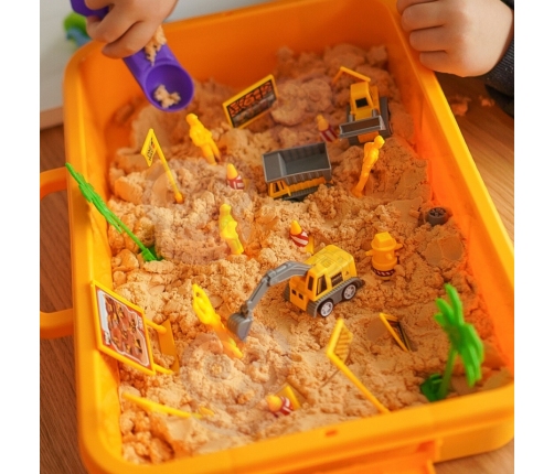 WOOPIE Piasek Kinetyczny 1,5 kg Zestaw XXL Plac Budowy Stolik z Foremkami i Pojazdami
