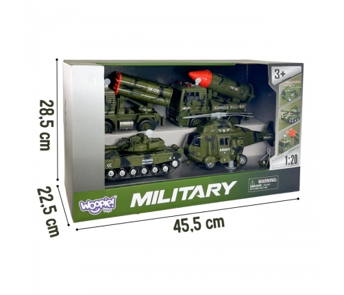 WOOPIE Zestaw Pojazdów Wojskowych z Wyrzutnią Czołg Helikopter 4SZT Skala 1:20
