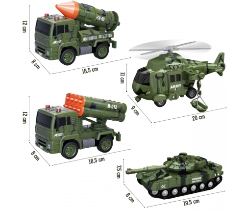 WOOPIE Zestaw Pojazdów Wojskowych z Wyrzutnią Czołg Helikopter 4SZT Skala 1:20
