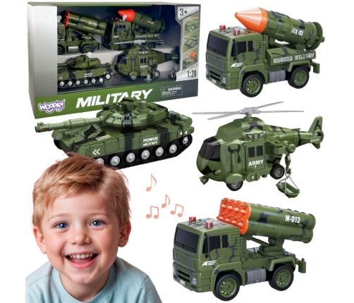 WOOPIE Zestaw Pojazdów Wojskowych z Wyrzutnią Czołg Helikopter 4SZT Skala 1:20
