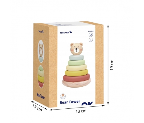 TOOKY TOY Drewniana Układanka Sensoryczna Piramidka Miś Sensoryczny Kolorowy Stacker