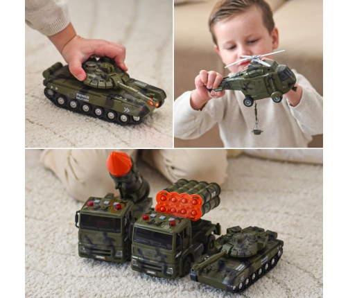 WOOPIE Zestaw Pojazdów Wojskowych z Wyrzutnią Czołg Helikopter 4SZT Skala 1:20