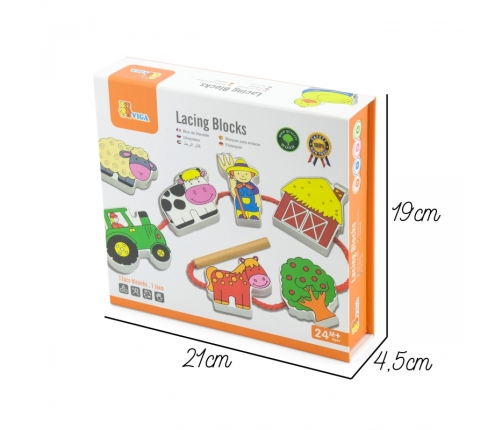 VIGA Drewniana Przeplatanka Klocki Farma do Nawlekania Montessori