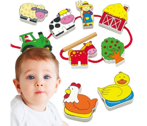 VIGA Drewniana Przeplatanka Klocki Farma do Nawlekania Montessori