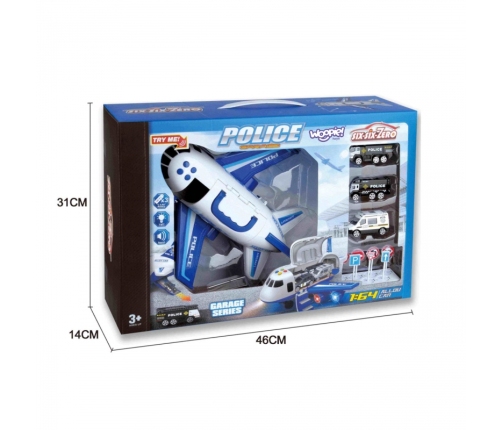 WOOPIE Samolot Rozkładany Transporter Policja z 3 Autami Policyjnymi Zestaw XL Znaki Drogowe