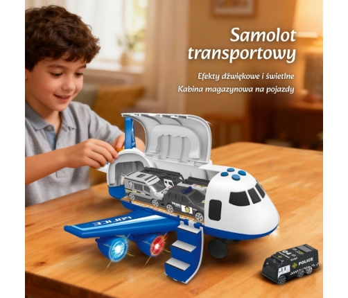 WOOPIE Samolot Rozkładany Transporter Policja z 3 Autami Policyjnymi Zestaw XL Znaki Drogowe