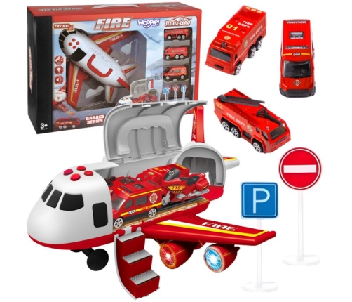 WOOPIE Samolot Rozkładany Transporter Straż Pożarna z 3 Autami Strażackimi Zestaw XL Znaki Drogowe