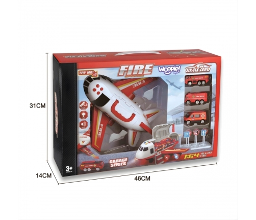 WOOPIE Samolot Rozkładany Transporter Straż Pożarna z 3 Autami Strażackimi Zestaw XL Znaki Drogowe