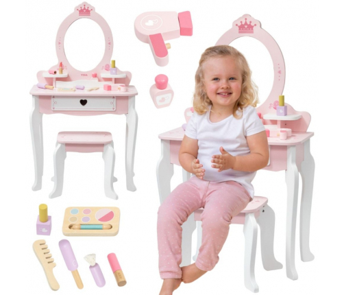 VIGA Duża Toaletka Drewniana Biało-Różowa z Lustrem i Krzesełkiem