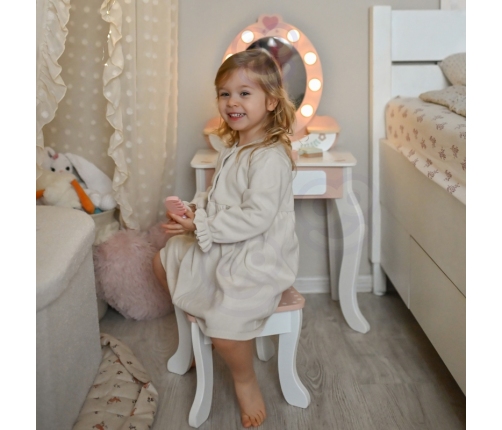 TOOKY TOY Drewniana Toaletka z Krzesełkiem Akcesoria Lustro z Oświetleniem LED + Kosmetyki