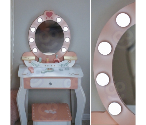 TOOKY TOY Drewniana Toaletka z Krzesełkiem Akcesoria Lustro z Oświetleniem LED + Kosmetyki