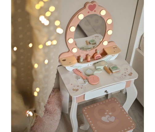 TOOKY TOY Drewniana Toaletka z Krzesełkiem Akcesoria Lustro z Oświetleniem LED + Kosmetyki