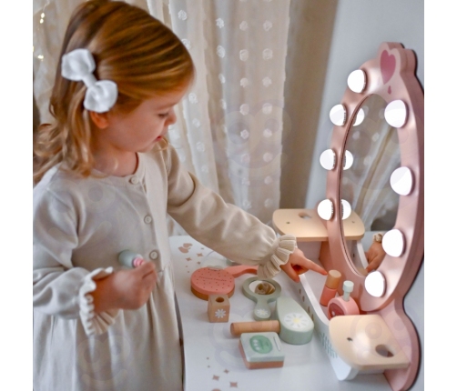 TOOKY TOY Drewniana Toaletka z Krzesełkiem Akcesoria Lustro z Oświetleniem LED + Kosmetyki