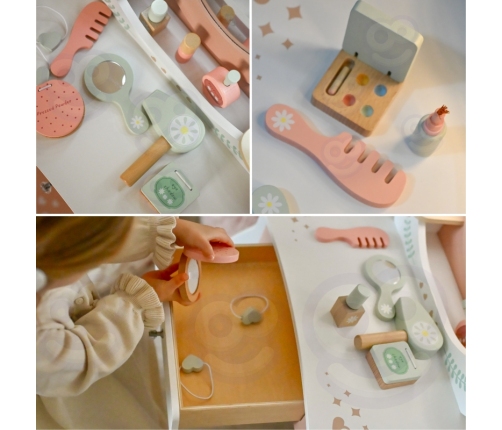 TOOKY TOY Drewniana Toaletka z Krzesełkiem Akcesoria Lustro z Oświetleniem LED + Kosmetyki