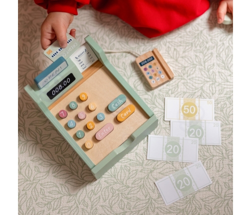 WOOPIE GREEN Drewniana Kasa Sklepowa Edukacyjna z Akcesoriami 23 el. FSC