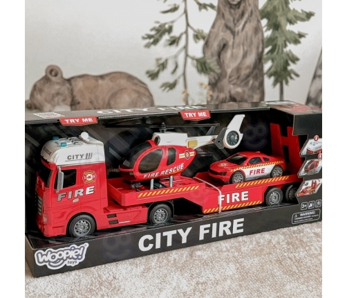 WOOPIE Zestaw Pojazdów Laweta Strażacka Helikopter Samochód Dźwięk Światła