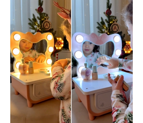 TOOKY TOY Drewniana Toaletka Motyl Akcesoria Lustro z Oświetleniem LED + Kosmetyki