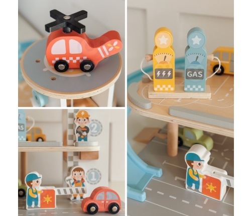 WOOPIE GREEN Drewniany Parking Piętrowy 2w1 Stacja Benzynowa z Autkami i Figurkami 12 el. FSC