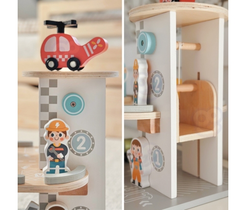 WOOPIE GREEN Drewniany Parking Piętrowy 2w1 Stacja Benzynowa z Autkami i Figurkami 12 el. FSC