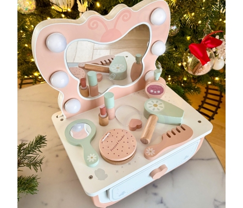TOOKY TOY Drewniana Toaletka Motyl Akcesoria Lustro z Oświetleniem LED + Kosmetyki
