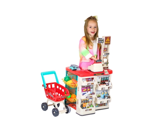 WOOPIE Sklep Supermarket z Wózkiem Sklepowym Waga Kasa Skaner + 48 Akc.