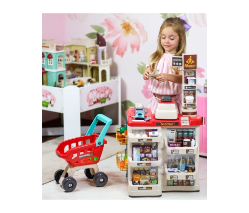 WOOPIE Sklep Supermarket z Wózkiem Sklepowym Waga Kasa Skaner + 48 Akc.