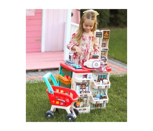 WOOPIE Sklep Supermarket z Wózkiem Sklepowym Waga Kasa Skaner + 48 Akc.