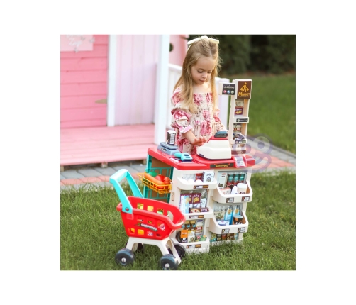 WOOPIE Sklep Supermarket z Wózkiem Sklepowym Waga Kasa Skaner + 48 Akc.