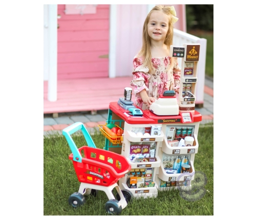 WOOPIE Sklep Supermarket z Wózkiem Sklepowym Waga Kasa Skaner + 48 Akc.