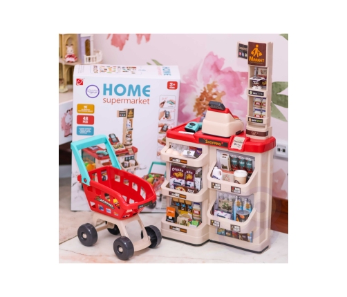 WOOPIE Sklep Supermarket z Wózkiem Sklepowym Waga Kasa Skaner + 48 Akc.