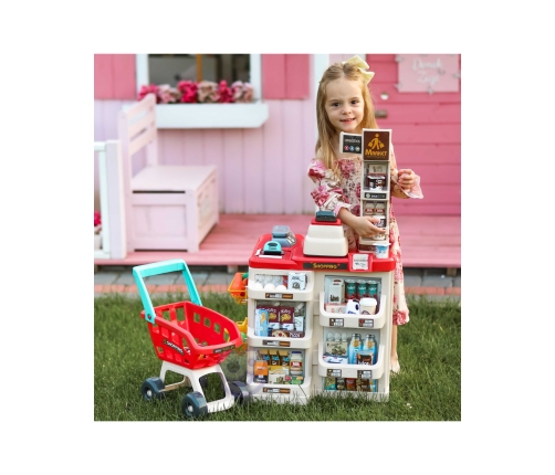 WOOPIE Sklep Supermarket z Wózkiem Sklepowym Waga Kasa Skaner + 48 Akc.