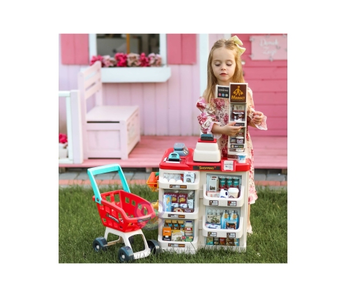 WOOPIE Sklep Supermarket z Wózkiem Sklepowym Waga Kasa Skaner + 48 Akc.