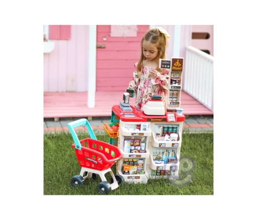 WOOPIE Sklep Supermarket z Wózkiem Sklepowym Waga Kasa Skaner + 48 Akc.