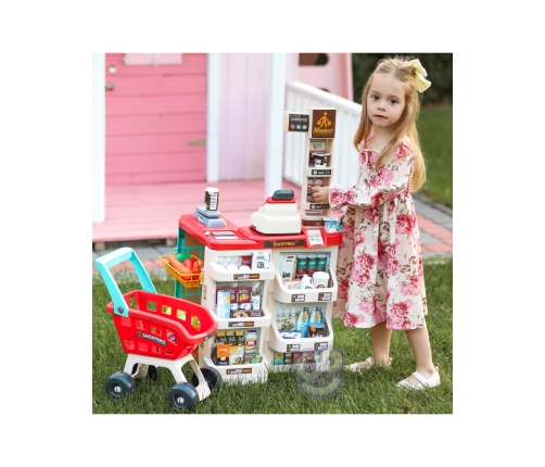 WOOPIE Sklep Supermarket z Wózkiem Sklepowym Waga Kasa Skaner + 48 Akc.