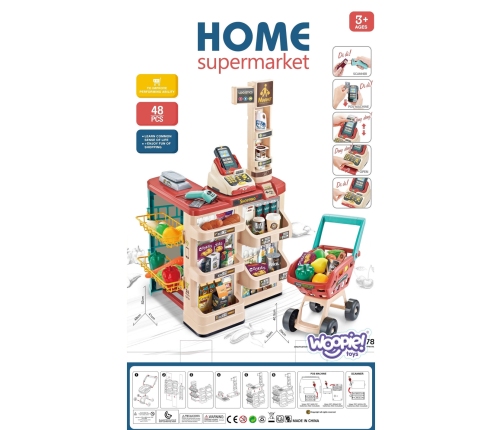 WOOPIE Sklep Supermarket z Wózkiem Sklepowym Waga Kasa Skaner + 48 Akc.