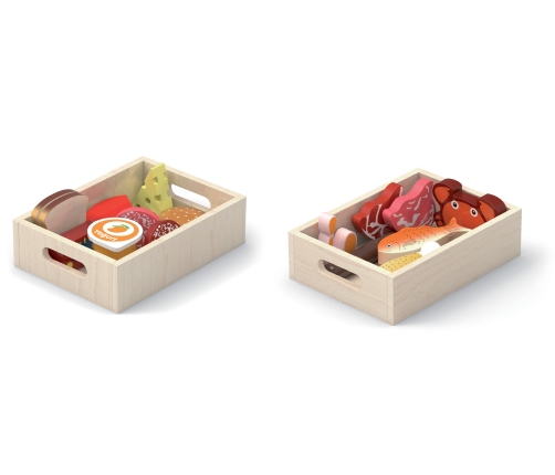VIGA Drewniany Zestaw Artykułów Spożywczych w Skrzynkach Śniadanie Ryby Mięso Nabiał