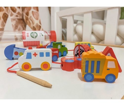 WOOPIE GREEN Drewniane Klocki do Nawlekania Pojazdy Samochody 13 el.