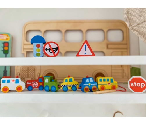 WOOPIE GREEN Drewniane Klocki do Nawlekania Pojazdy Samochody 13 el.