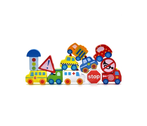 WOOPIE GREEN Drewniane Klocki do Nawlekania Pojazdy Samochody 13 el.