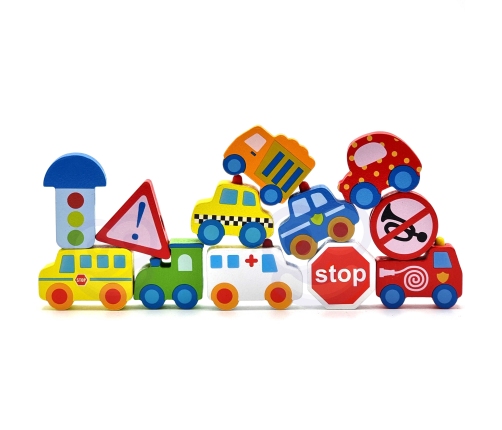 WOOPIE GREEN Drewniane Klocki do Nawlekania Pojazdy Samochody 13 el.